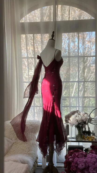 Elegant Burgundy Spaghetti Strap Gorgeous Beaded Sparkling Chiffon Evening Dress Prom Dres TP3973