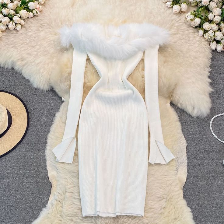 Black/white/gray autumn and winter fashion new sexy off-shoulder fashion fur collar slim hip knitted dress 11281