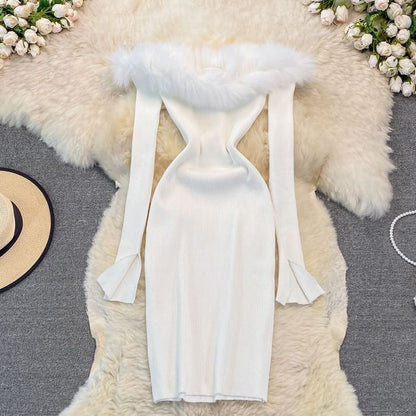 Black/white/gray autumn and winter fashion new sexy off-shoulder fashion fur collar slim hip knitted dress 11281