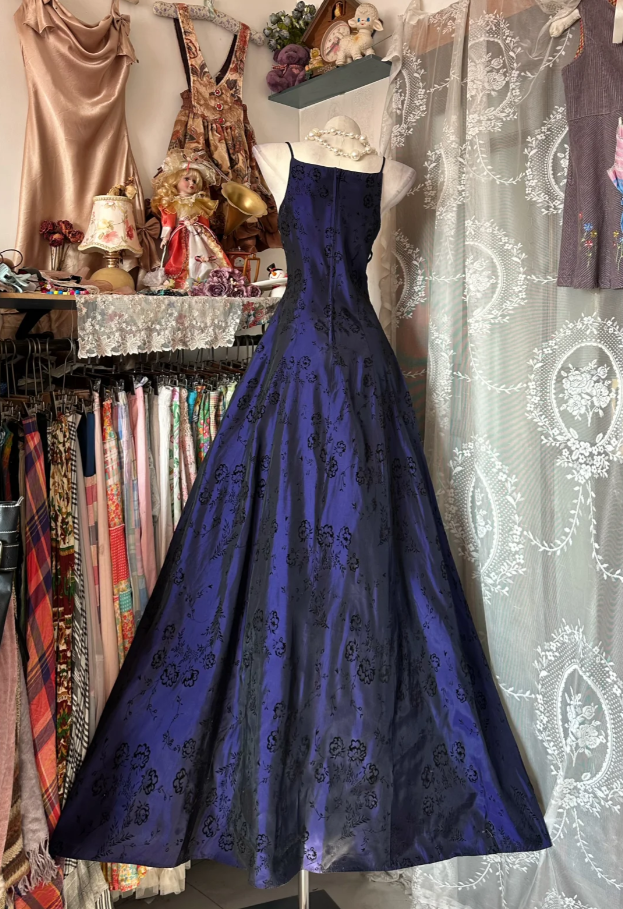 Unique Spaghetti Straps Purple Satin Print Floral Long Party Dress Birthday Dress SP1715