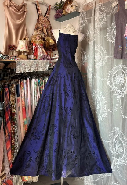 Unique Spaghetti Straps Purple Satin Print Floral Long Party Dress Birthday Dress SP1715