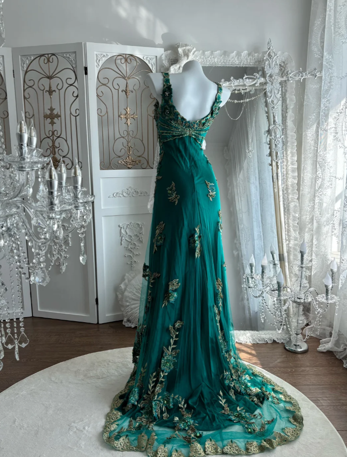 Vintage Dark Green Embroidery Appliques Mermaid Long Wedding Guest Dress, Formal Birthday Party Dress With Beaded SP1468