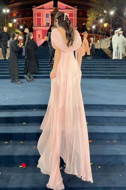 Elegant Pink Draped V-Neck Chiffon Evening Gown TP5731