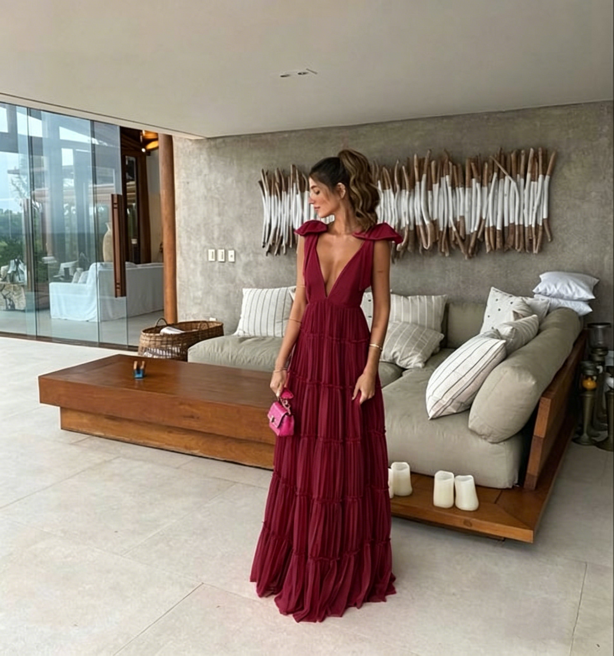 Vintage Hot Pink V-neck Prom Dress Long Pleated Evening Dress A-Line Backless Formal Dress TP4591