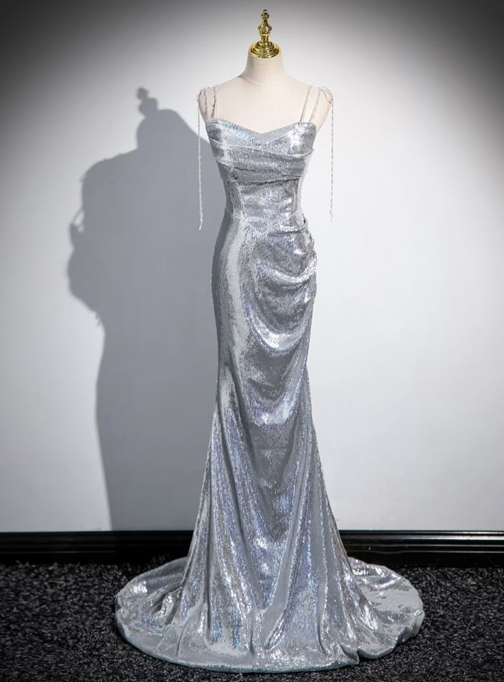 Elegant Silver Sequin Spaghetti Strap Mermaid Evening Gown TP5103