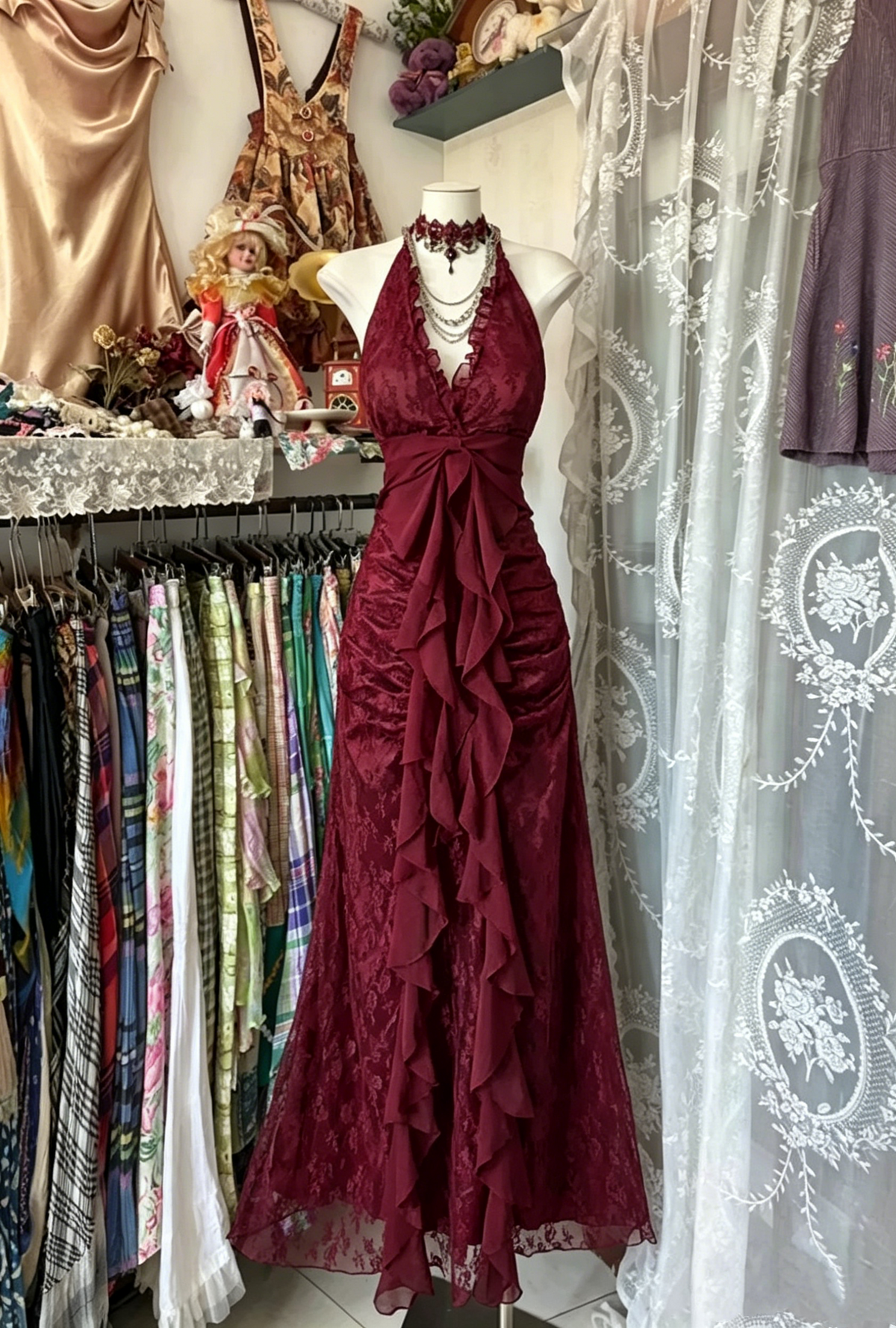 Charming Halter Deep V-Neck Ruffled Lace Ruched Evening Dress TP2013