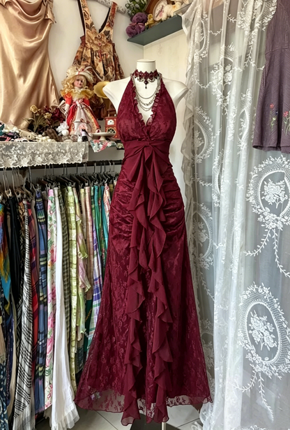 Charming Halter Deep V-Neck Ruffled Lace Ruched Evening Dress TP2013