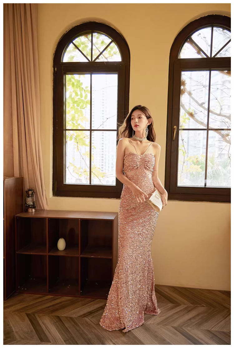Glitter Blue Sequin Mermaid Long Wedding Guest Dress Formal Evening Dress Party Gown
