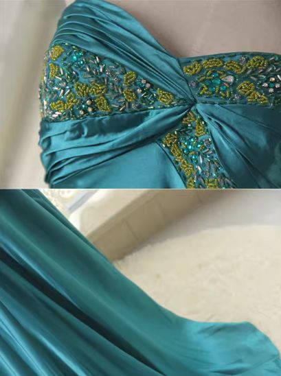 Vintage Strapless Teal Satin Beaded Mermaid Long Party Dress Birthday Prom Dress SP1689