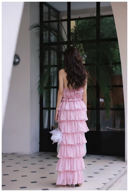Pretty Pink Halter Chiffon Ruffle Layered Slit Long Birthday Prom Dress Evening Gown