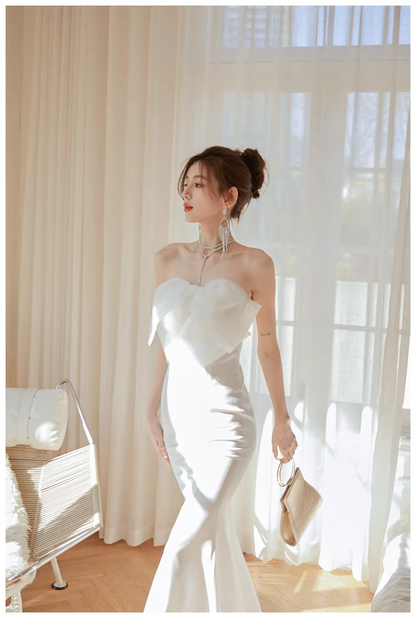 Classy White Strapless Bow Satin Mermaid Long Wedding Guest Dress Formal Evening Dress Prom Gown