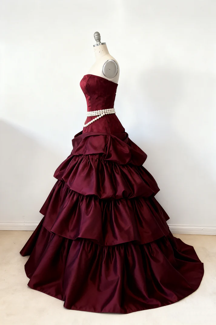 Elegant Strapless Burgundy Satin Pleated Layered Long Party Dress Prom Dresses SP1339