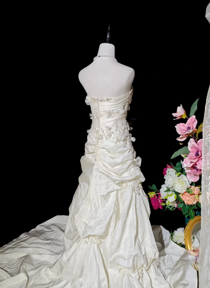 Pretty Ivory Strapless Satin Pleated Appliques Mermaid Party Dress Long Birthday Evening Gown