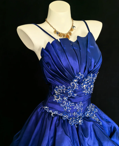 Elegant Spaghetti Straps Satin Pleated Beaded Ball Gown Royal Blue Long Birthday Party Dress SP1640