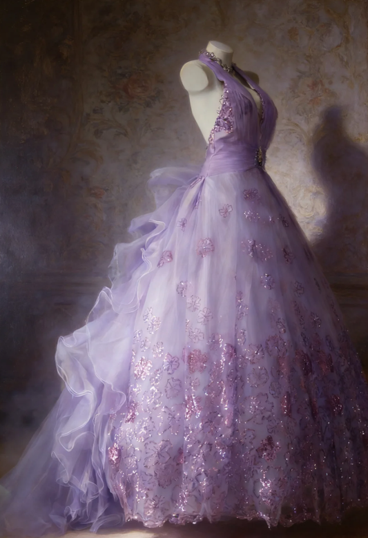 Princess Halter Ball Gown Lavender V Neck Tulle Flowers Sequin Long Birthday Quinceanera Dress Sweet 16 Dress SP1525