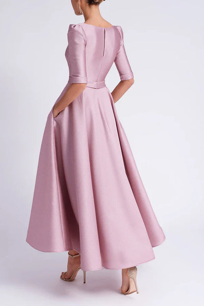 Unique satin A-line V-neck half sleeve pocket mother of the bride dresses