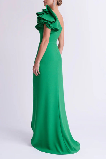 One shoulder ruffled edge empire side split A-line mother of the bride dresses