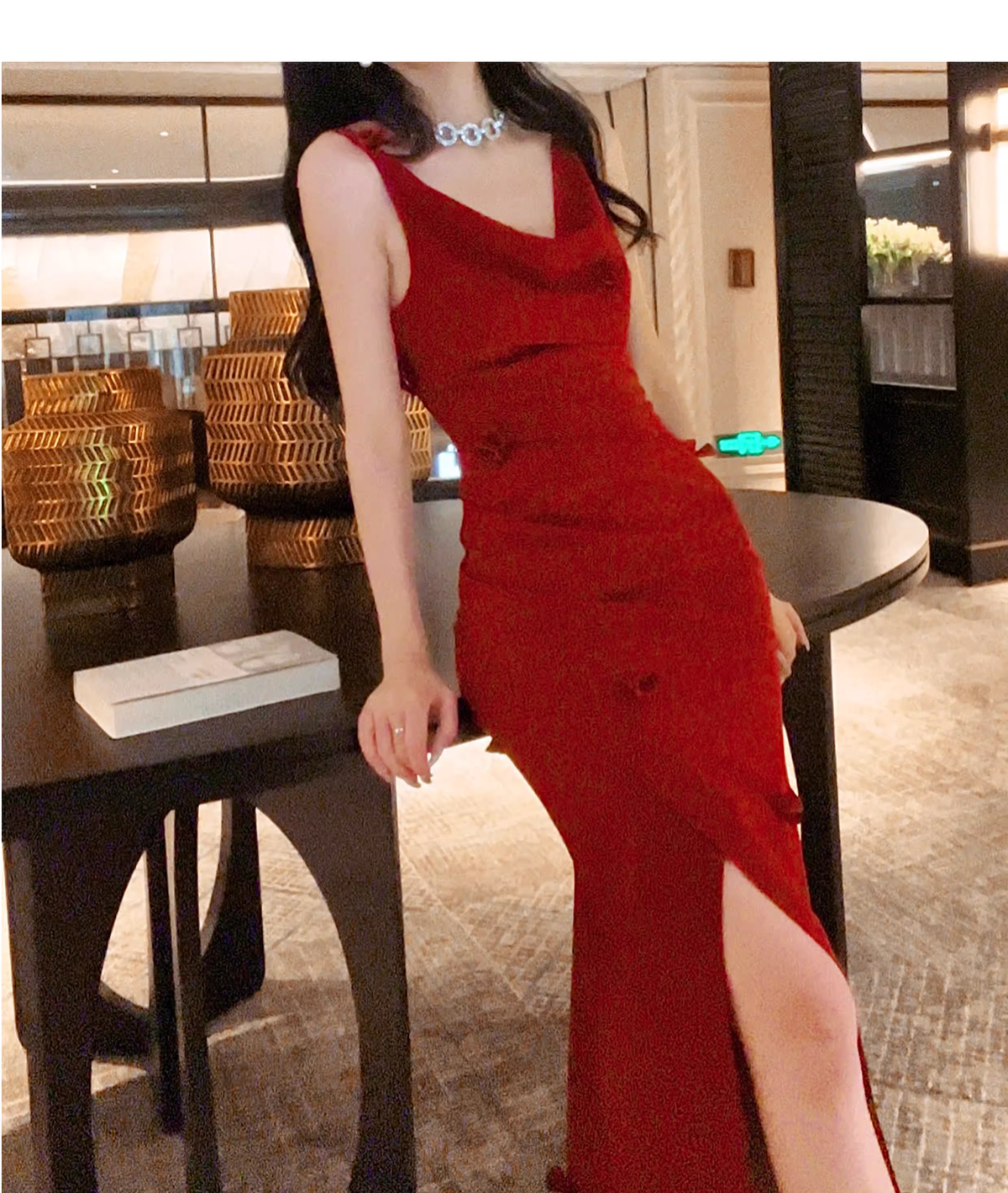 Sexy Red Satin Pleated Slit Mermaid Party Dress Long Wedding Guest Dress SP2001