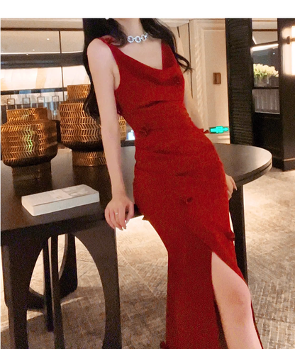 Sexy Red Satin Pleated Slit Mermaid Party Dress Long Wedding Guest Dress SP2001