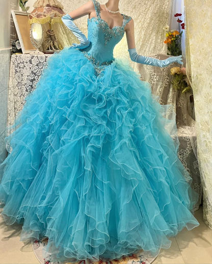 Elegant Blue Tulle Beaded Ruffles Long Ball Gown Formal Birthday Quinceanera Dress With Gloves