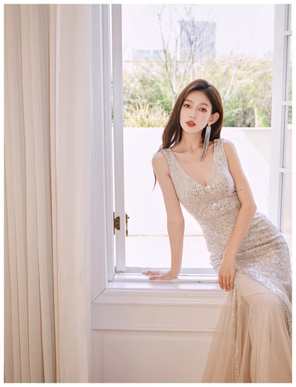 Glitter V Neck Champagne Silver Sequin Tulle Mermaid Long Evening Dress Party Gown
