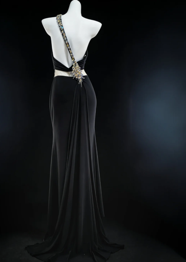 Sexy Black Satin Beaded Mermaid Slit Party Dress One Shoulder Long Wedding Guest Dress SP1574