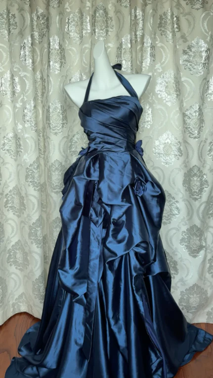 Retro Halter Navy Blue Satin Pleated Ball Gown Long Party Dress