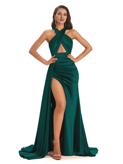 Sexy Mermaid Satin Hanging Neck Side Slit And Floor Length Back Zip Bridesmaid Dress