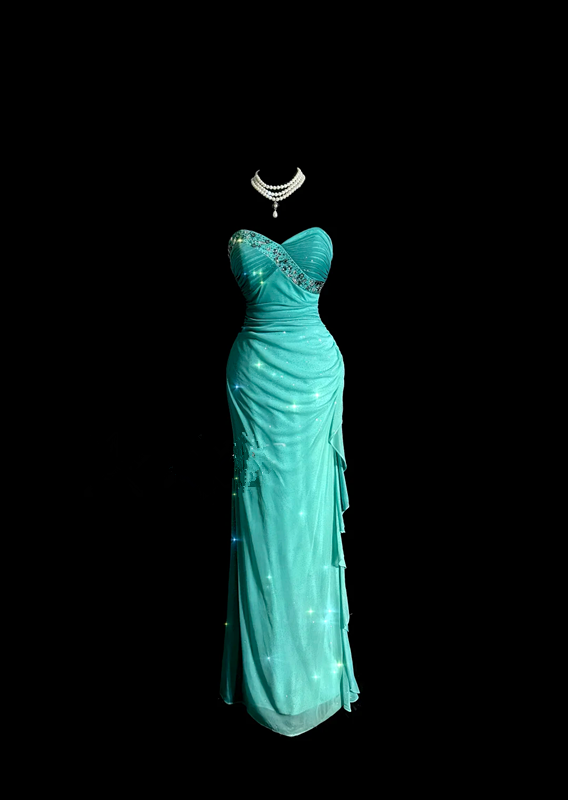 Lake blue strapless fitted long ball gown R6652