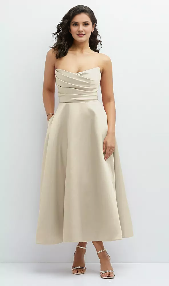 Hanging pleated tight corset strapless satin Prom dress