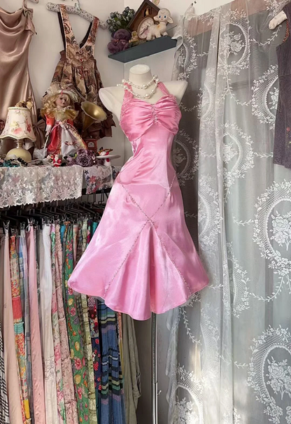 Pink halter-neck fitted short sexy ball gown R8118