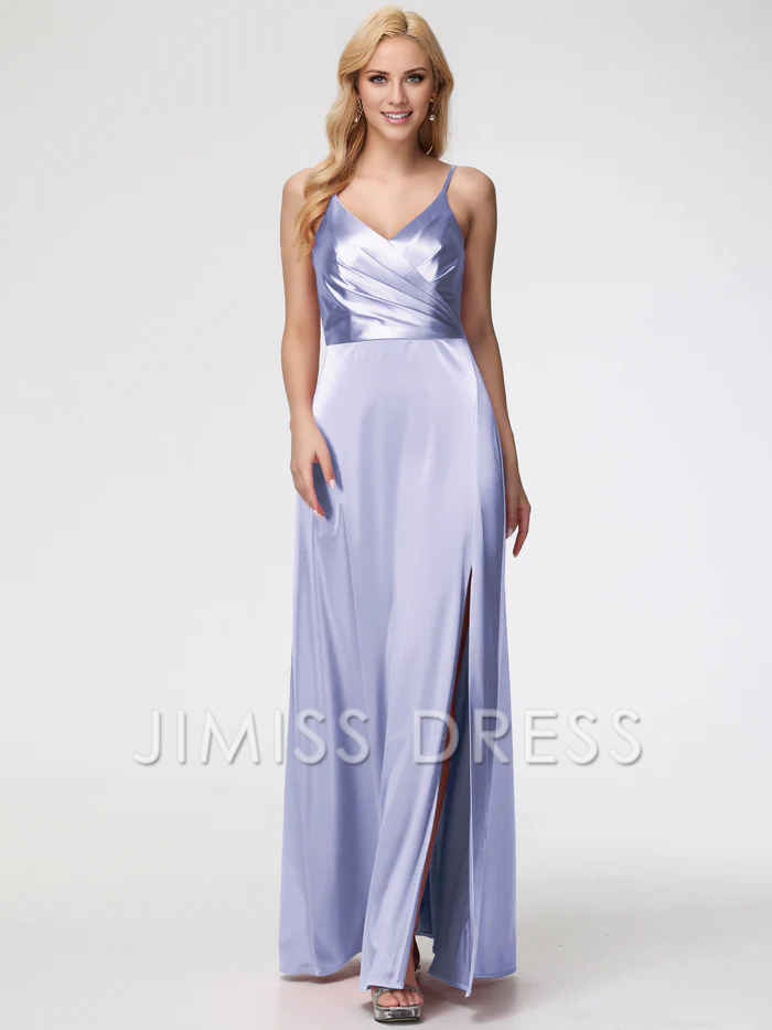 slim shoulder strap A-line V-neck pleated satin Prom dress