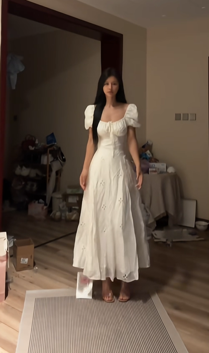White puff-sleeved, fitted A-line skirt, sexy and elegant ball gown R8081