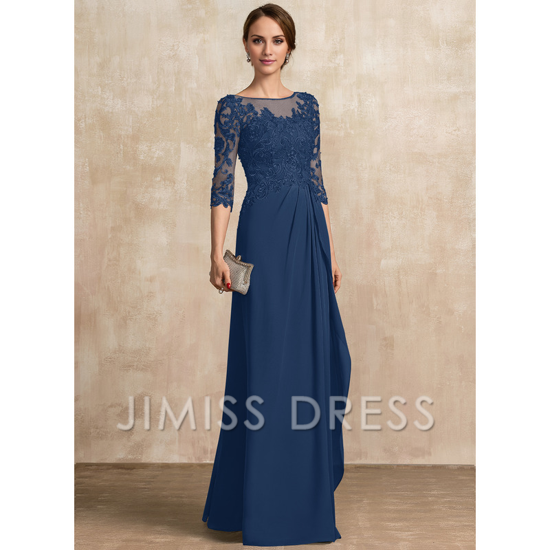 A-shaped Scoop Illusion floor mopping chiffon lace ribbon bead sequins layered ruffles mother of the bride dress