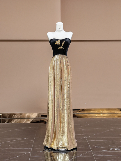Black strapless, fitted waist, long ball gown with gold trim R8373