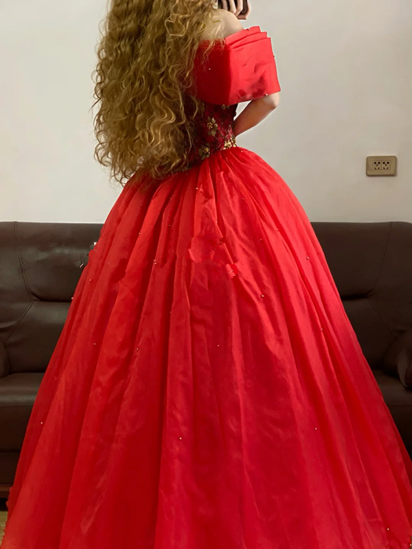 Red Off-the-Shoulder Waist-Cinched Retro Long-Sleeve Elegant Ball Gown, Bridal Gown R7325