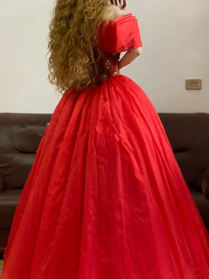 Red Off-the-Shoulder Waist-Cinched Retro Long-Sleeve Elegant Ball Gown, Bridal Gown R7325