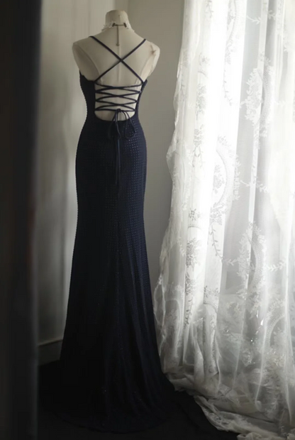 Navy blue halter-neck backless sexy long ball gown R6811