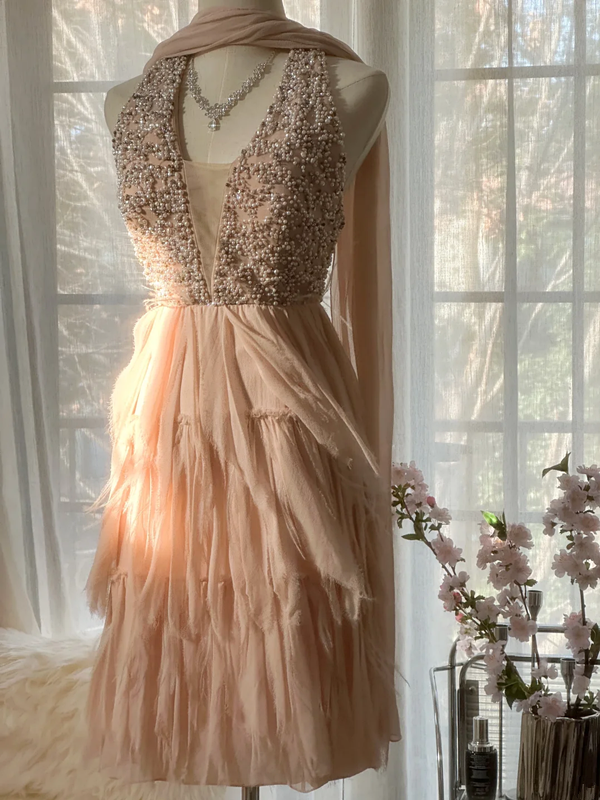 Champagne pink beaded bodice, fitted waist, tiered skirt, short ball gown R7687