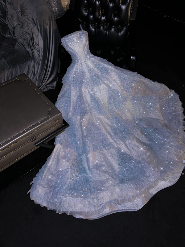 Light blue strapless, fitted waist, full skirt, long ball gown, bridal dress R8768