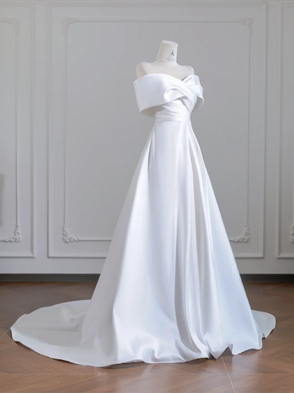 White satin off-the-shoulder fitted waist long ball gown/bridal dress R8252