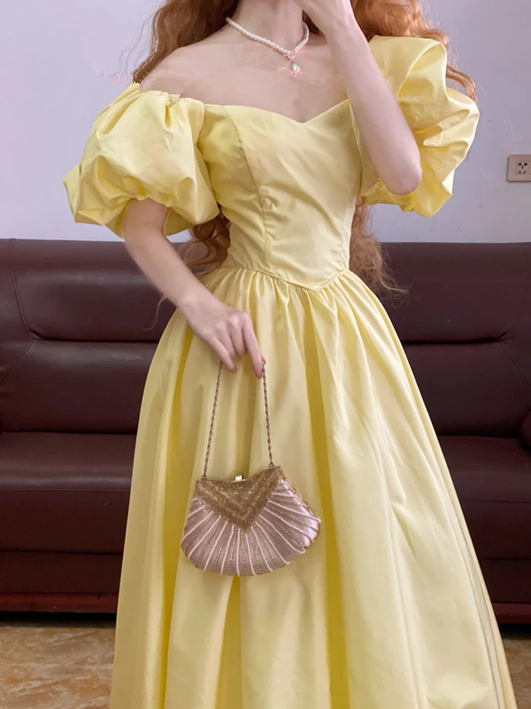 Light Yellow Puff-Sleeve Waist-Cinched Floor-Length Ball Gown, Bridal Gown R7343