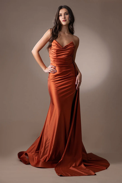 Fitted slit skirt pleated strapless long dress