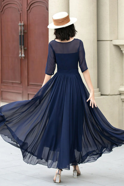 Ship Neck Short Sleeve Chiffon Horn Long Prom Dress