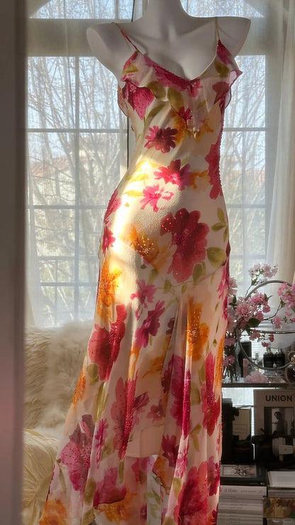 Pink printed suspender dress with slim waist and irregular skirt, prom dress R5422