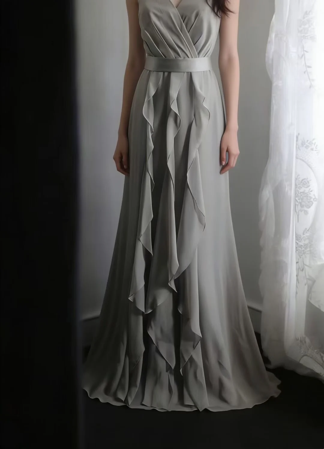 Grey sleeveless fitted waist slim-fit retro-style ball gown, evening ball dress gh7123