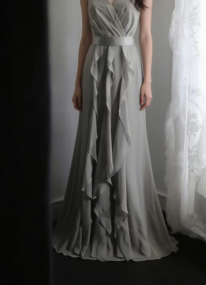 Grey sleeveless fitted waist slim-fit retro-style ball gown, evening ball dress gh7123