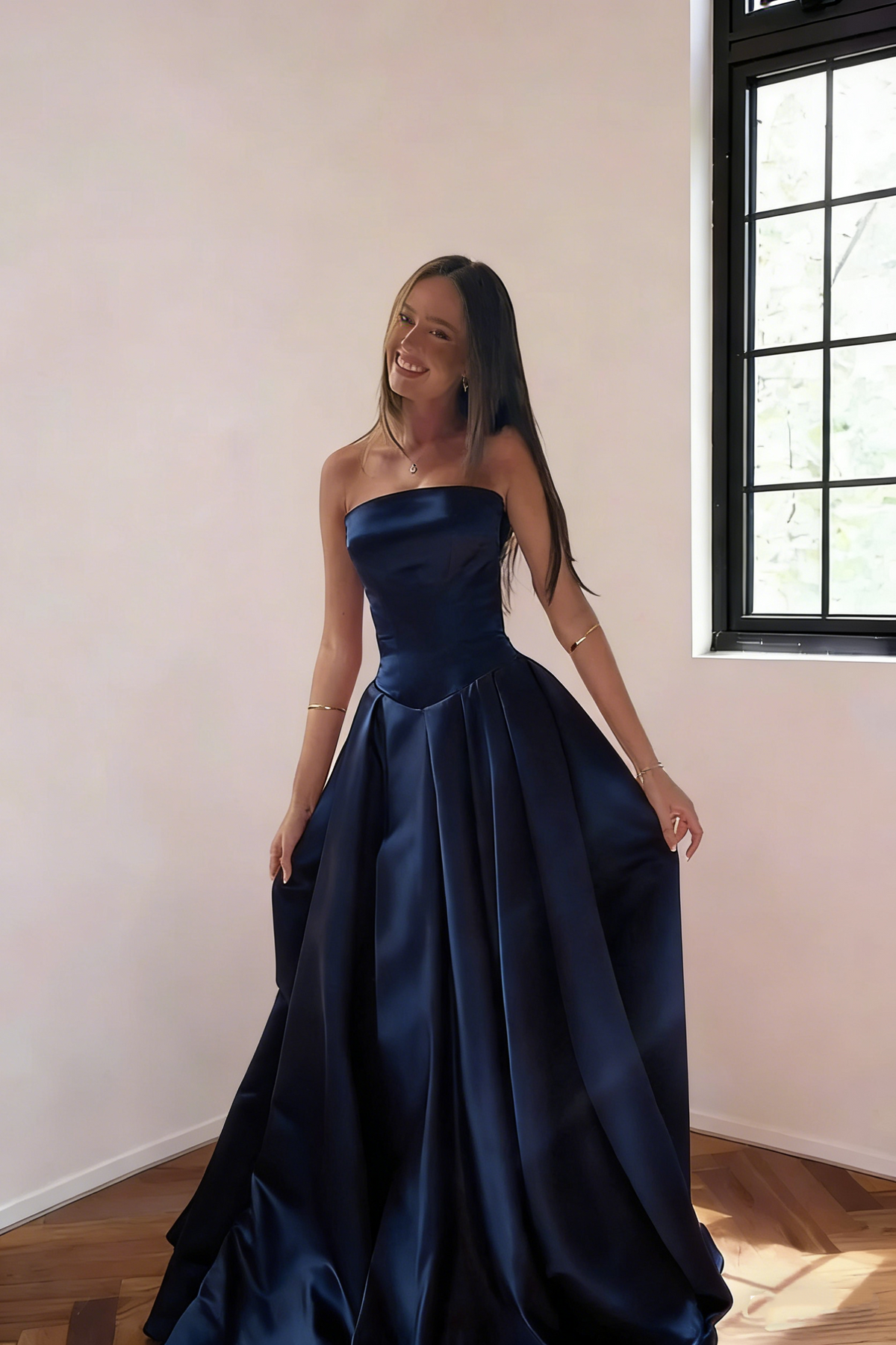 Classy Burgundy Strapless Satin Pleated Long Evening Dress Formal Wedding Guest Dress SP1732
