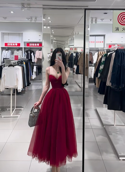 Deep red spaghetti strap waist-cinching elegant long prom dress R7918