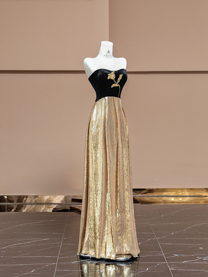 Black strapless, fitted waist, long ball gown with gold trim R8373